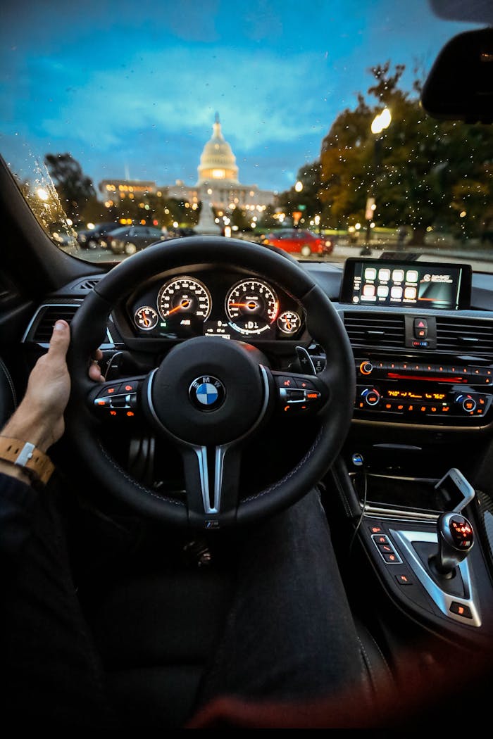 View of the Capitol in Washington DC through the BMW steering wheel during a drive.